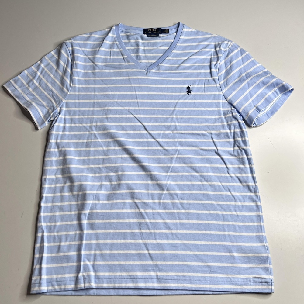Polo Ralph Lauren Shirt Mens Large Blue Striped V-Neck‎ Custom Slim Fit Tee